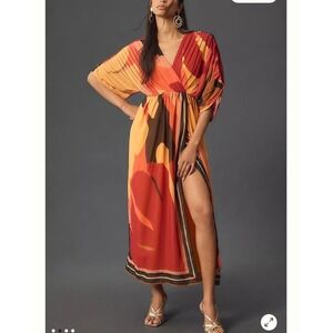 Farm Rio Short Sleeve Wrap Front Maxi Dress Orange Brown Womens Large‎ Petite